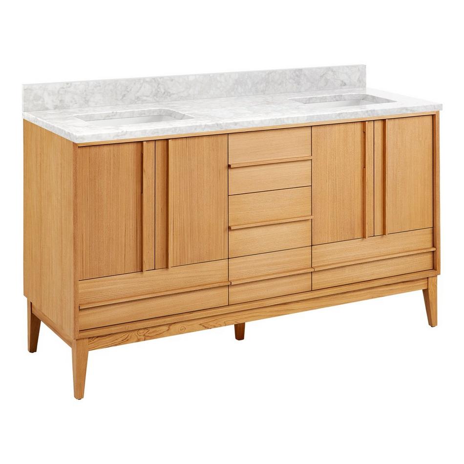 60" Sybill Double Vanity - Outlets - Rect Undermount - Natural Teak - Carrara Marble - No Hole, , large image number 0