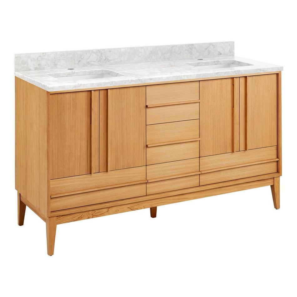 60" Sybill Double Vanity - Outlets - Rect Undermount - Natural Teak - Carrara Marble - 1 Hole, , large image number 0