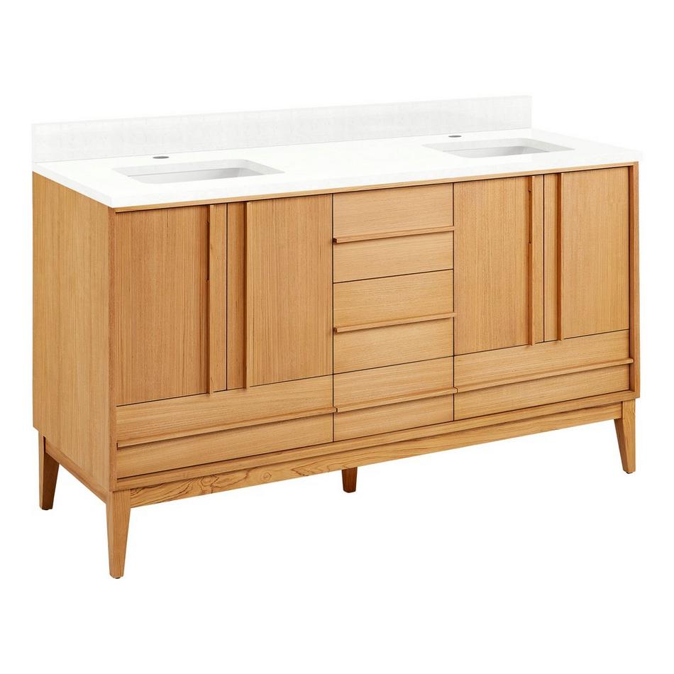 60" Sybill Double Vanity - Outlets - Rect Undermount - Natural Teak - FW Quartz - 1 Hole, , large image number 0