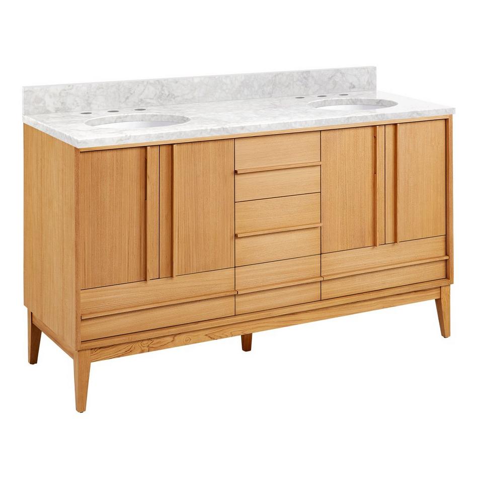 60" Sybill Double Vanity - Outlets Undermount - Natural Teak - Carrara Marble - 3 Hole, , large image number 0