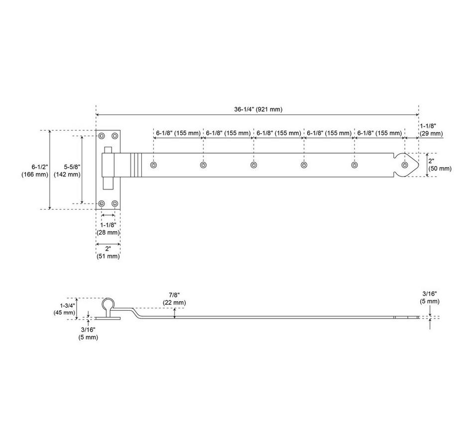 36-1/4" Leerwin Iron Reversible Handing Strap Hinge with Pintle - Black Powder Coat, , large image number 2