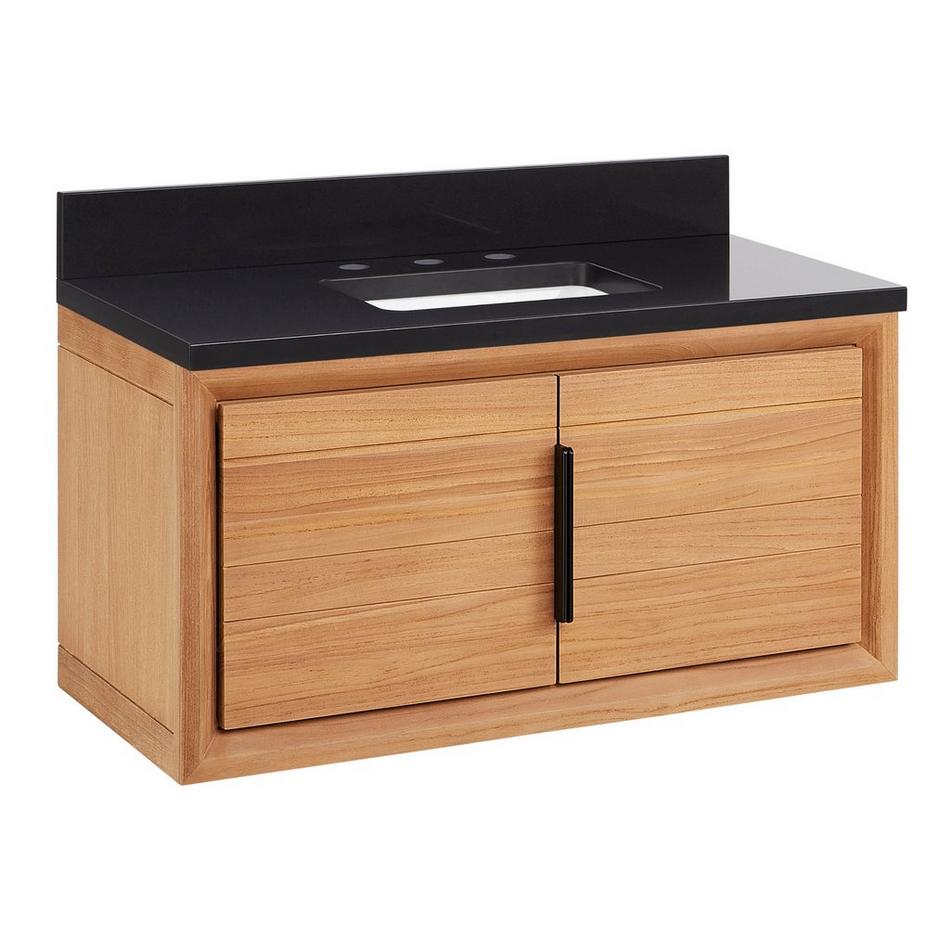 36" Aliso Narrow Wall-Mount Vanity with Rect Undermount - Outlets - Natural Teak - CB Quartz - 3Hole, , large image number 0