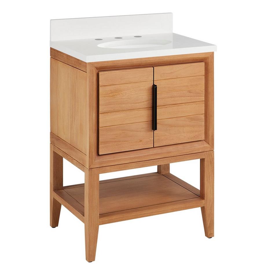 24" Aliso Console Vanity with Undermount - Outlets - Natural Teak - AW Quartz - 3 Hole, , large image number 0