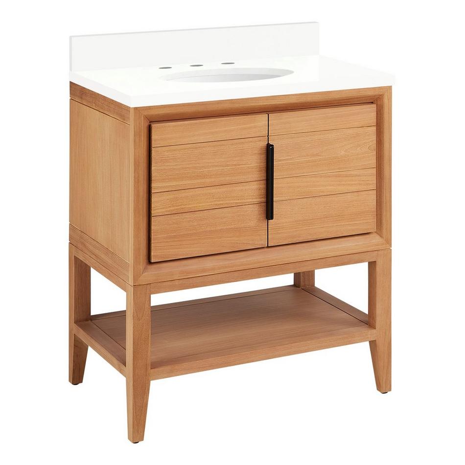 30" Aliso Console Vanity with Undermount - Outlets - Natural Teak - AW Quartz - 3 Hole, , large image number 0