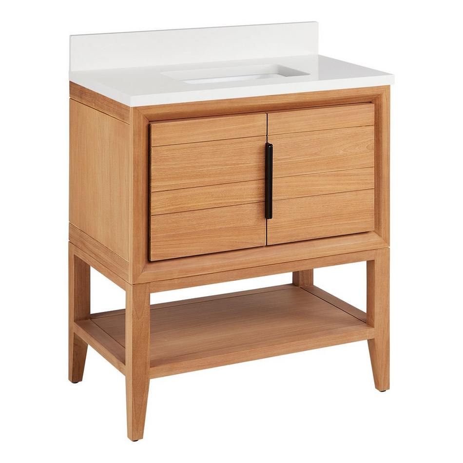 30" Aliso Console Vanity with Rect Undermount - Outlets - Natural Teak - AW Quartz - No Hole, , large image number 0