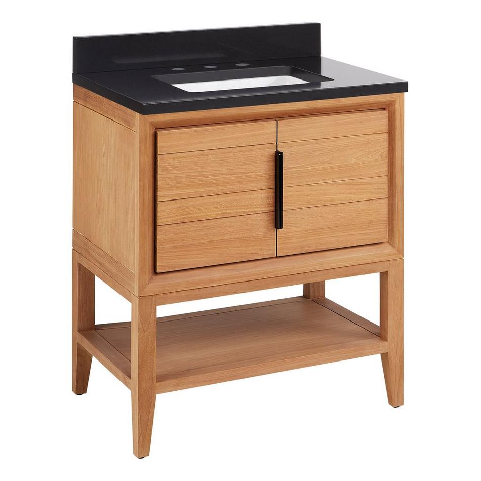 30" Aliso Console Vanity with Rect Undermount - Outlets - Natural Teak - CB Quartz - 3 Hole, , large image number 0