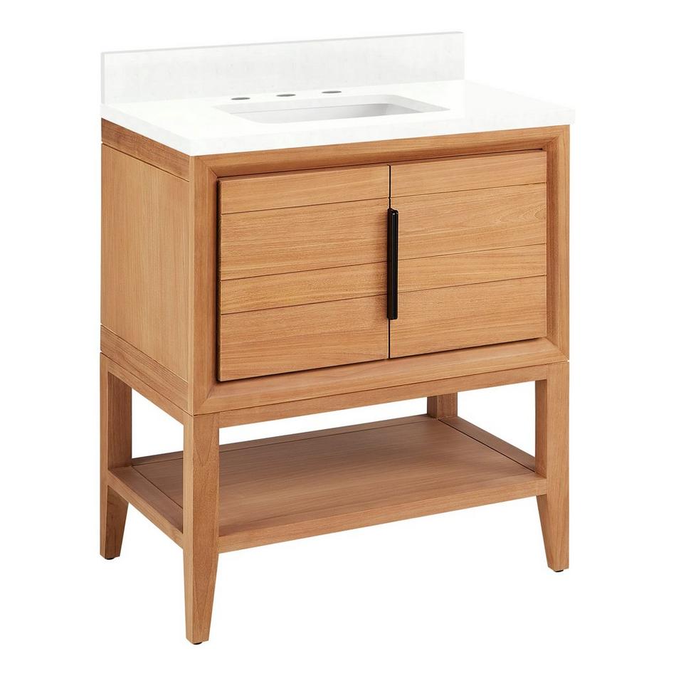 30" Aliso Console Vanity with Rect Undermount - Outlets - Natural Teak - FW Quartz - 3 Hole, , large image number 0