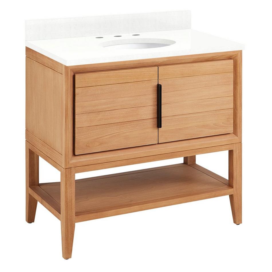 36" Aliso Console Vanity with Undermount - Outlets - Natural Teak - FW Quartz - 3 Hole, , large image number 0