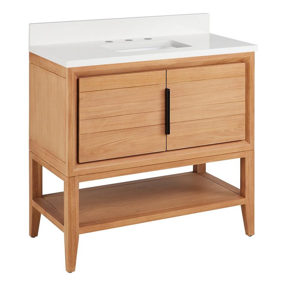 36" Aliso Console Vanity with Rect Undermount - Outlets - Natural Teak - AW Quartz - 3 Hole, , large image number 0