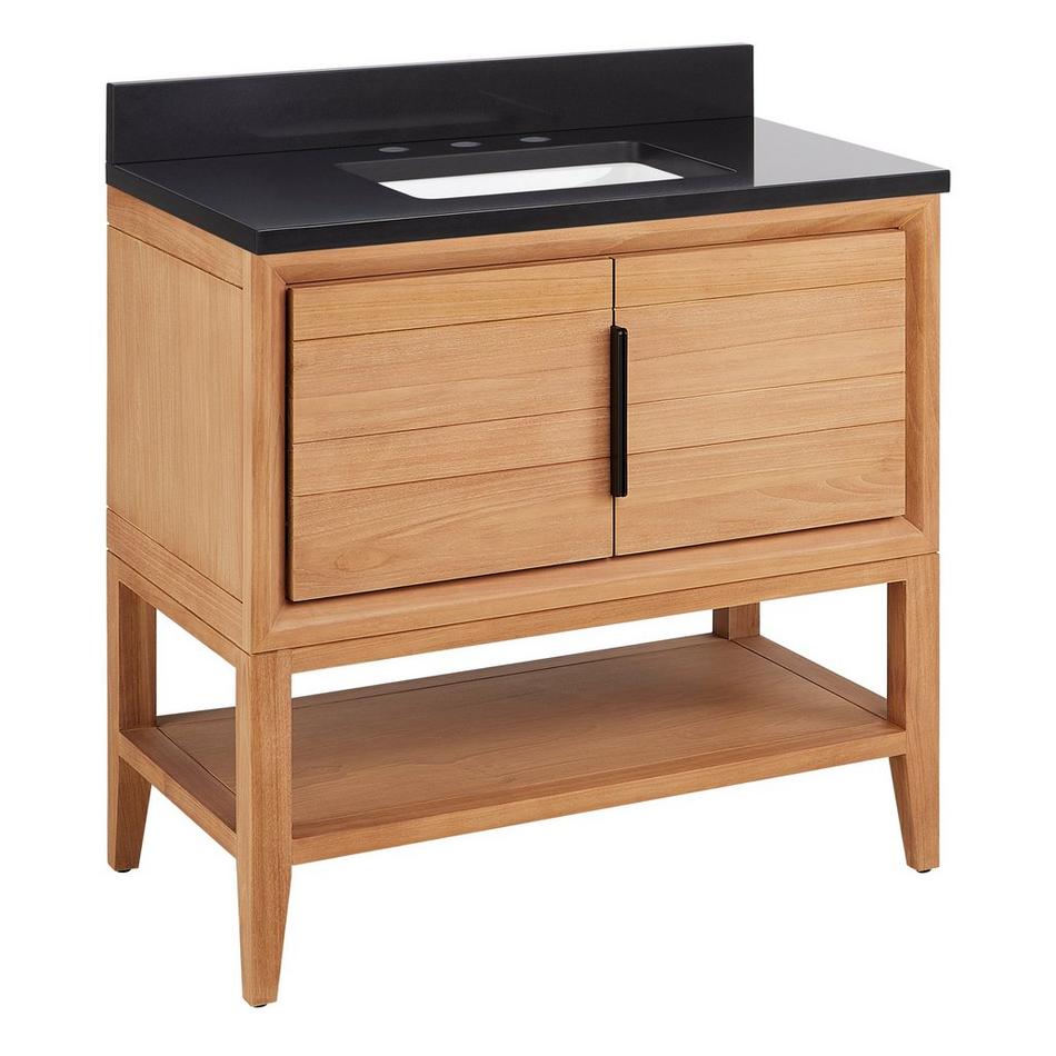 36" Aliso Console Vanity with Rect Undermount - Outlets - Natural Teak - CB Quartz - 3 Hole, , large image number 0