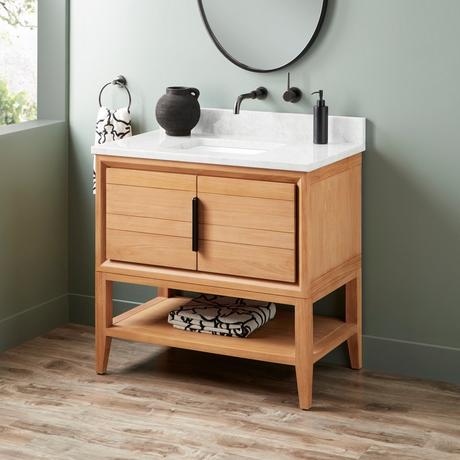 36" Aliso Console Vanity with Rect Undermount - Outlets - Natural Teak