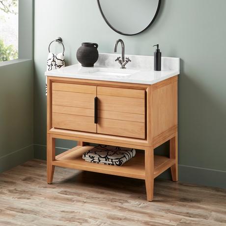 36" Aliso Console Vanity with Rect Undermount - Outlets - Natural Teak
