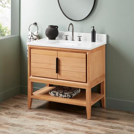 36" Aliso Console Vanity with Rect Undermount - Outlets - Natural Teak