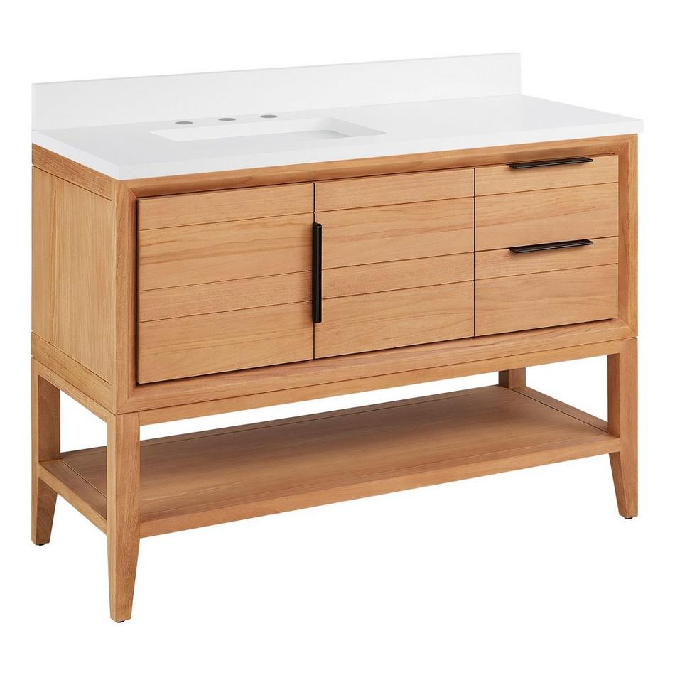 48" Aliso Left Offset Vanity with Rect Undermount - Outlets - Natural Teak - AW Quartz - 3 Hole, , large image number 0