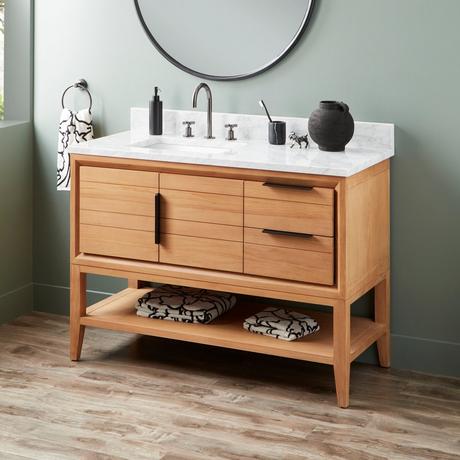 48" Aliso Left Offset Vanity with Rect Undermount - Outlets - Natural Teak