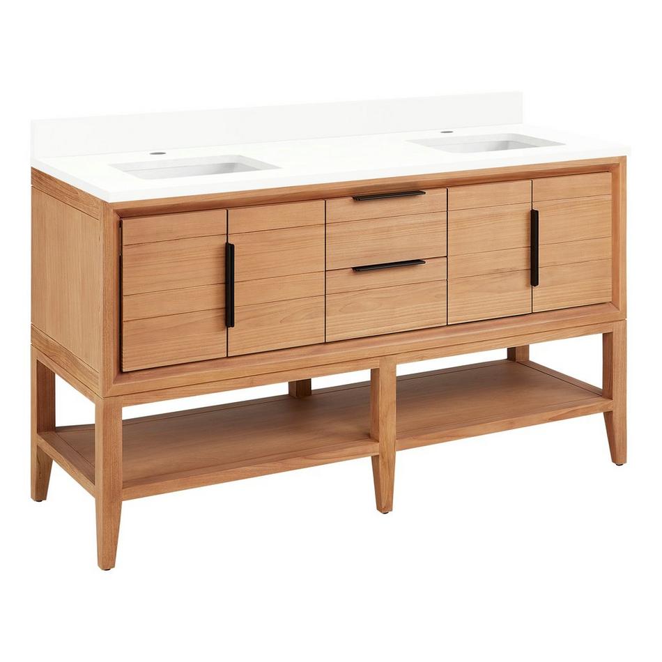 60" Aliso Console Double Vanity with Rect Undermount - Outlets - Natural Teak - AW Quartz - 1 Hole, , large image number 0