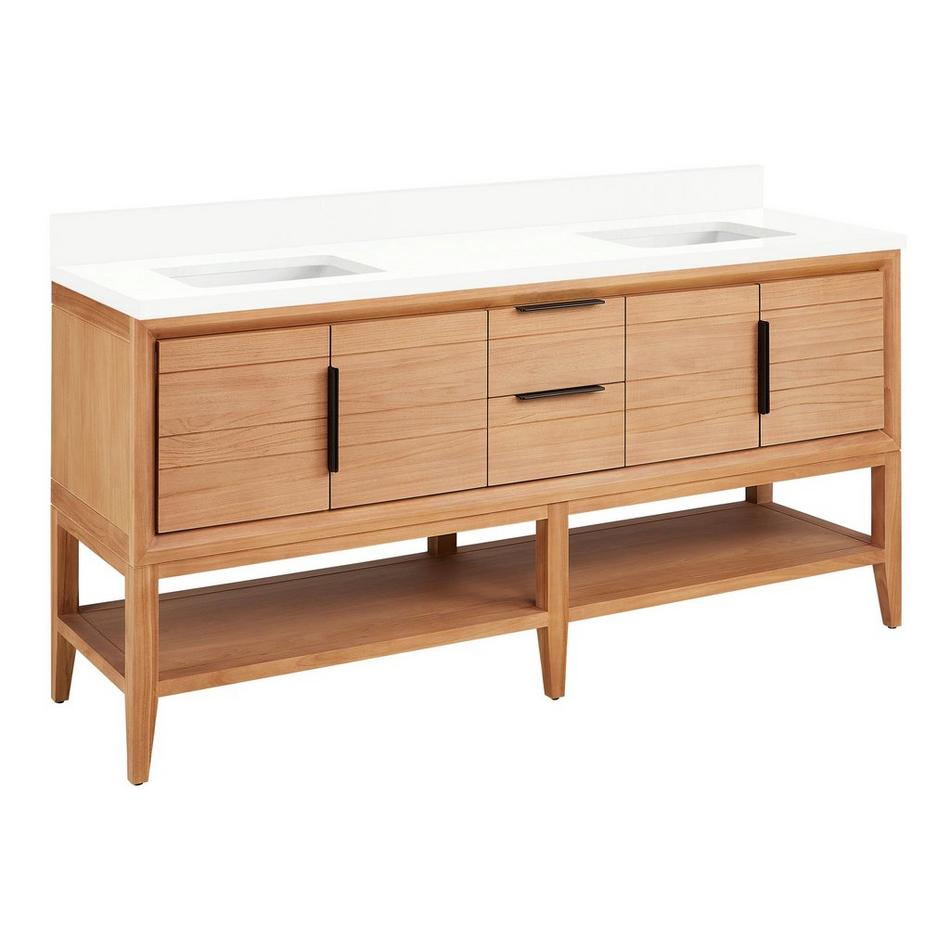 72" Aliso Console Double Vanity with Rect Undermount - Outlets - Natural Teak - AW Quartz - No Hole, , large image number 0