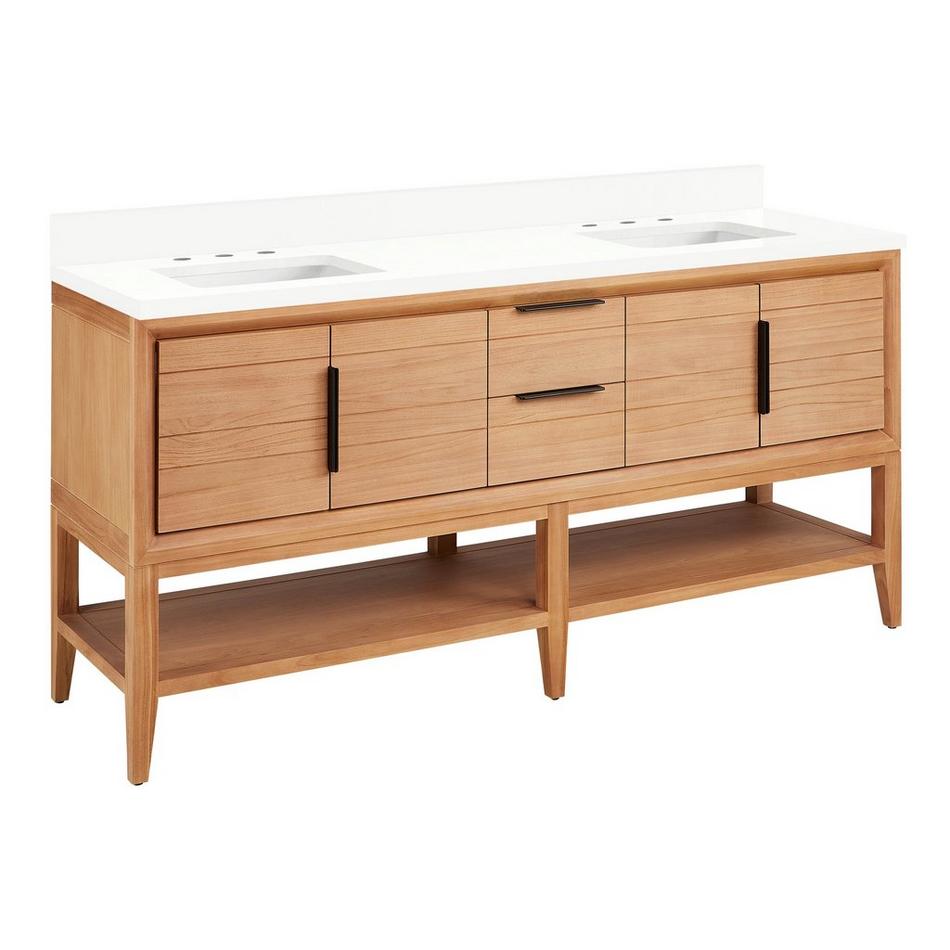 72" Aliso Console Double Vanity with Rect Undermount - Outlets - Natural Teak - AW Quartz - 3 Hole, , large image number 0