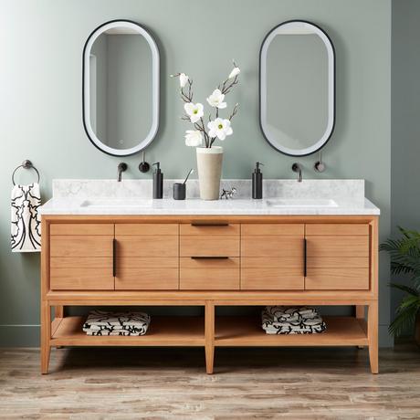 72" Aliso Console Double Vanity with Rect Undermount - Outlets - Natural Teak