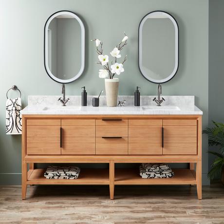 72" Aliso Console Double Vanity with Rect Undermount - Outlets - Natural Teak
