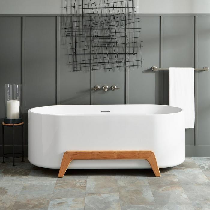 Conroy Acrylic Freestanding Tub - Wood Stand - Natural Teak