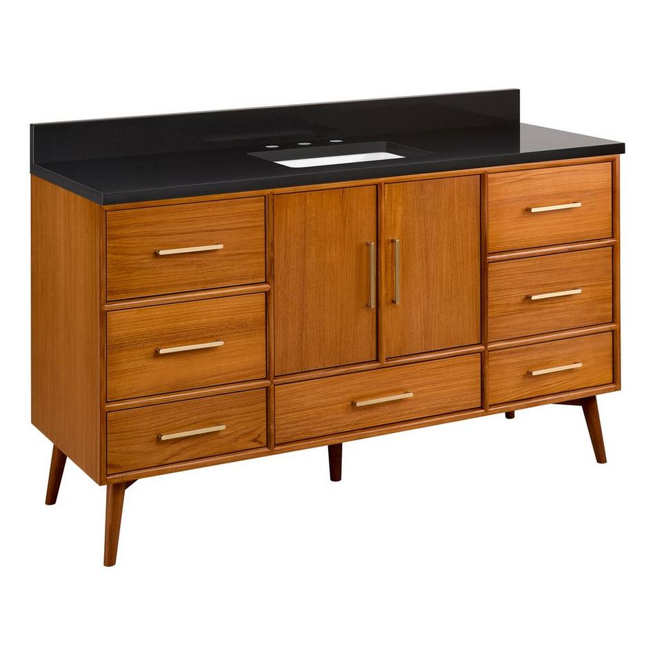60" Novak Single Teak Vanity with Rectangular Undermount Sink - Teak - CB Quartz - 3H, , large image number 0