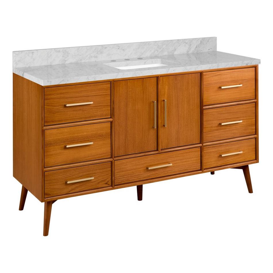 60" Novak Single Teak Vanity with Rectangular Undermount Sink - Teak - Carrara Marble - 3H, , large image number 0