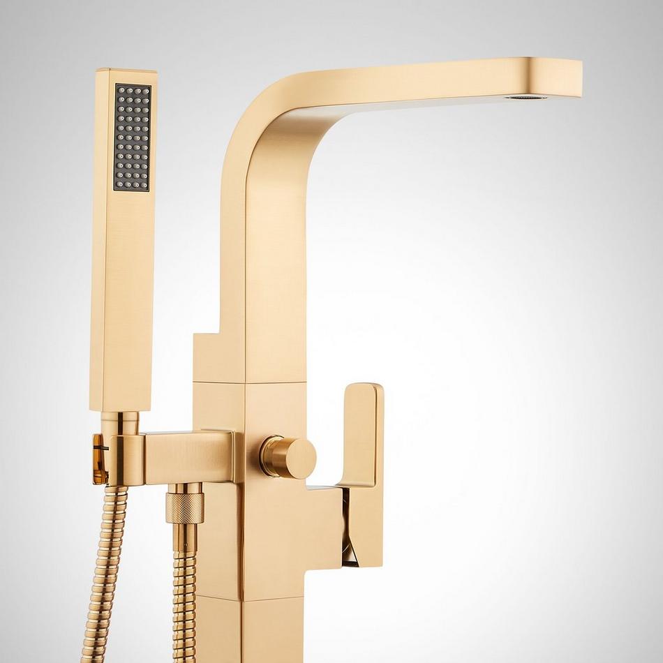 Hibiscus Freestanding Tub Faucet with Hand Shower and Rough-In Valve Less Stops - Brushed Gold, , large image number 1