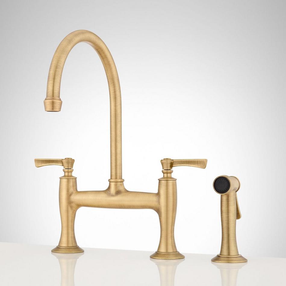 Marceau Bridge Kitchen Faucet with Side Spray - Lever Handles - Aged Brass, , large image number 0