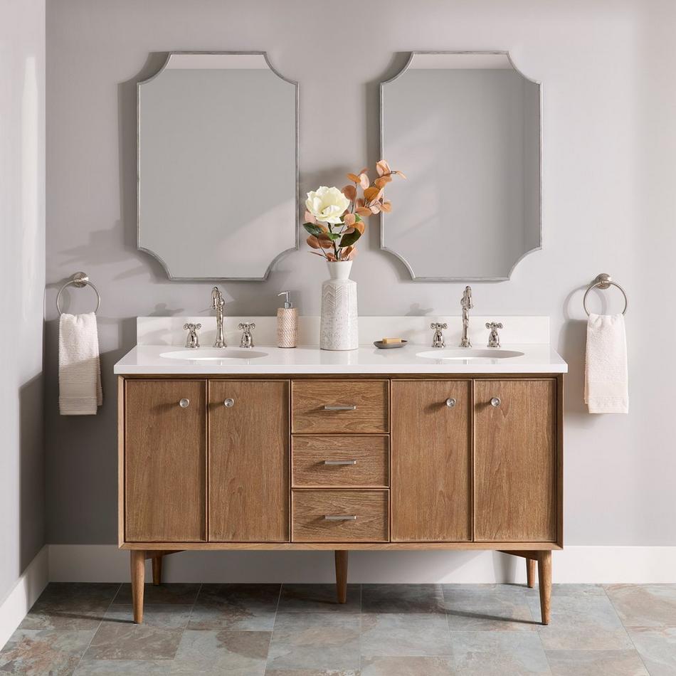 60" Wendolyn Teak Double Vanity with Undermount Sinks - Outlets - Washed Teak - AW Quartz - 3H, , large image number 0