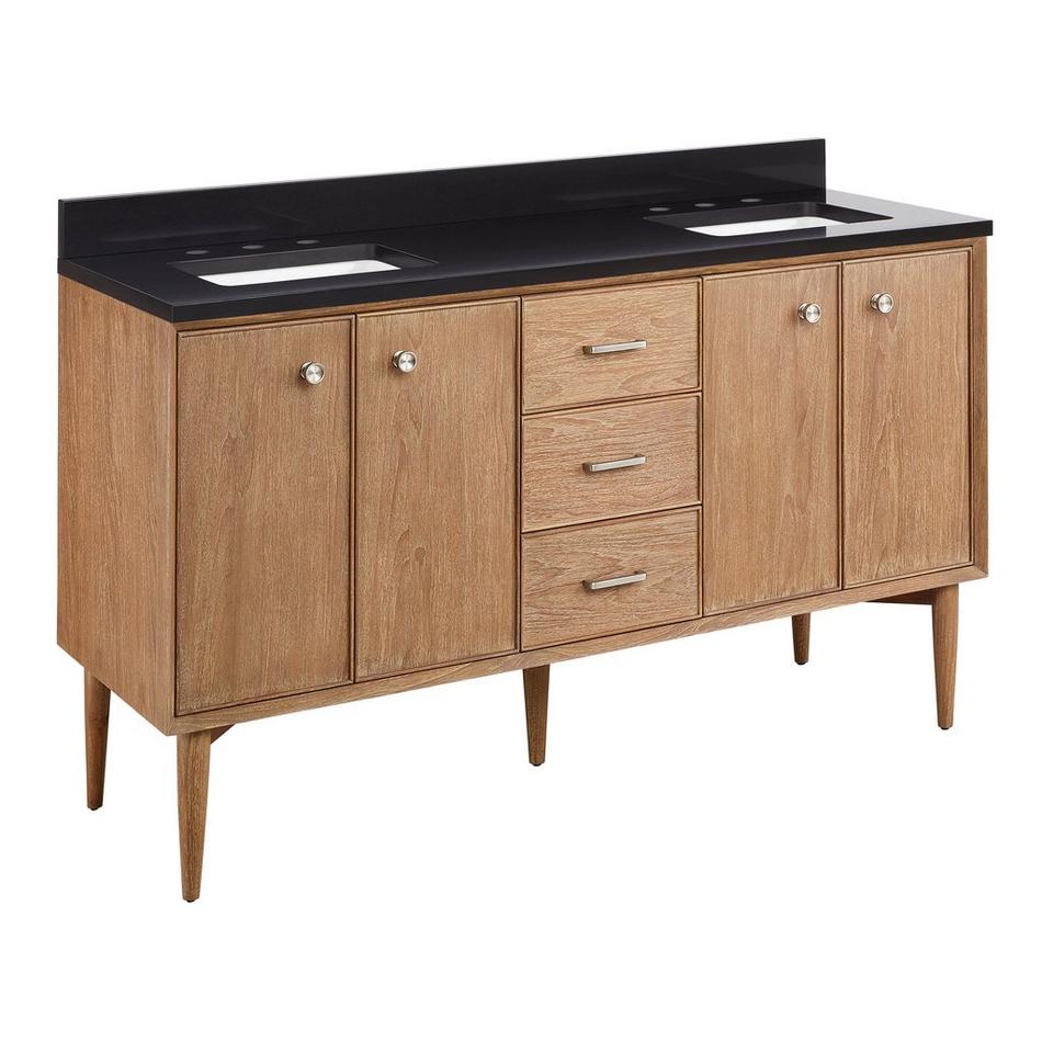 60" Wendolyn Teak Double Vanity with Rect Undermount Sinks - Outlets - Washed Teak - CB Quartz - 3H, , large image number 0