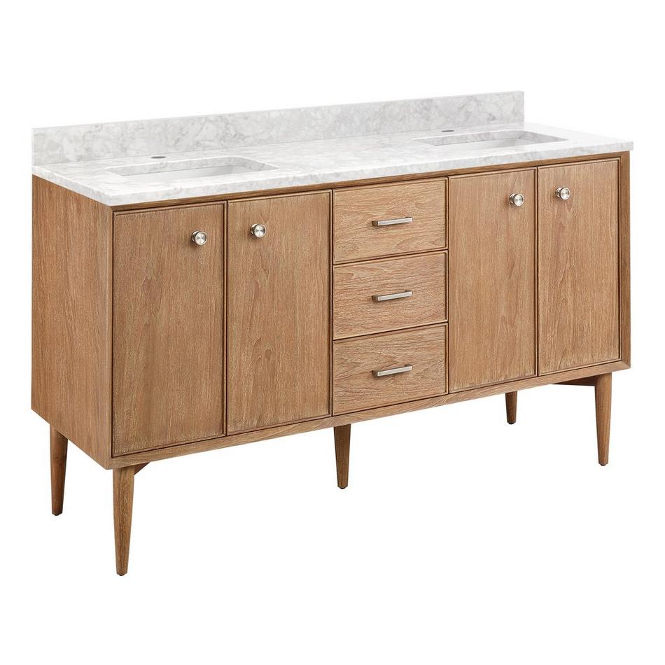 60" Wendolyn Teak Double Vanity with Rect Undermount Sinks - Outlets - Washed Teak - Carrara - 1H, , large image number 0