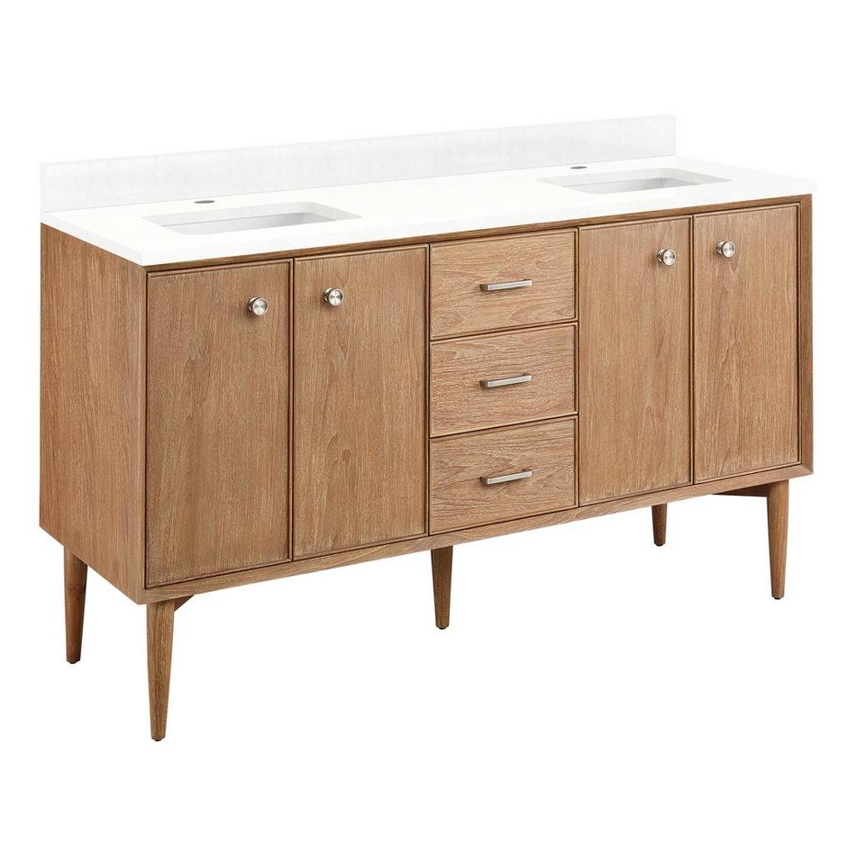 60" Wendolyn Teak Double Vanity with Rect Undermount Sinks - Outlets - Washed Teak - FW Quartz - 1H, , large image number 0