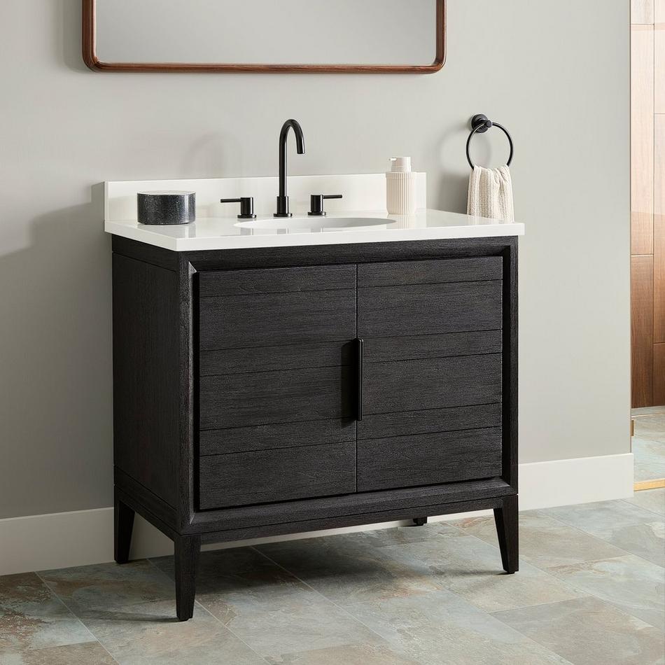 36" Aliso Teak Vanity with Undermount Sink - Charred Timber Black - AW Quartz - 3 Hole, , large image number 0