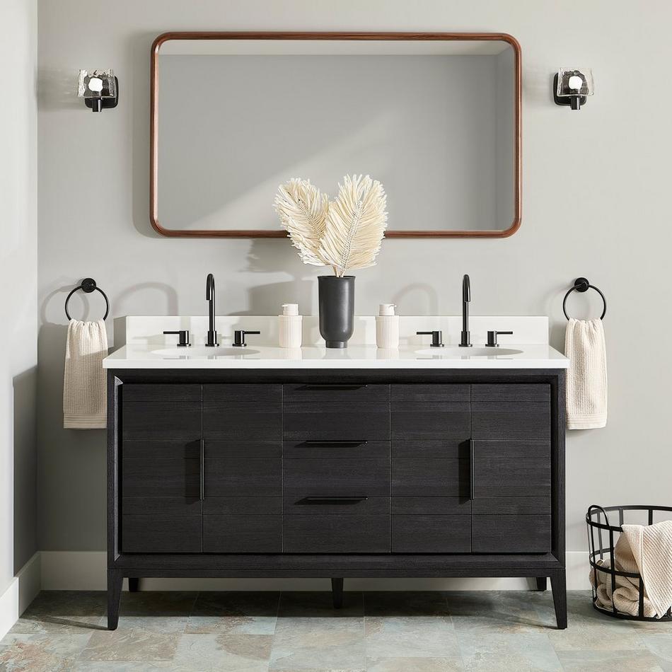 60" Aliso Teak Double Vanity with Undermount Sinks - Charred Timber Black - AW Quartz - 3 Hole, , large image number 0