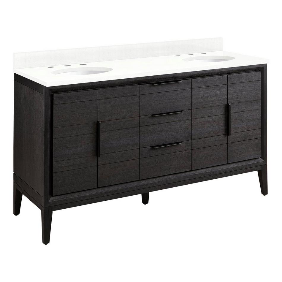 60" Aliso Teak Double Vanity with Undermount Sinks - Charred Timber Black - FW Quartz - 3 Hole, , large image number 0