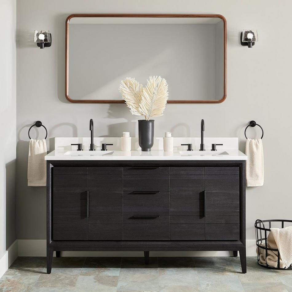 60" Aliso Teak Double Vanity with Rect Undermount Sinks - Charred Timber Black, , large image number 0