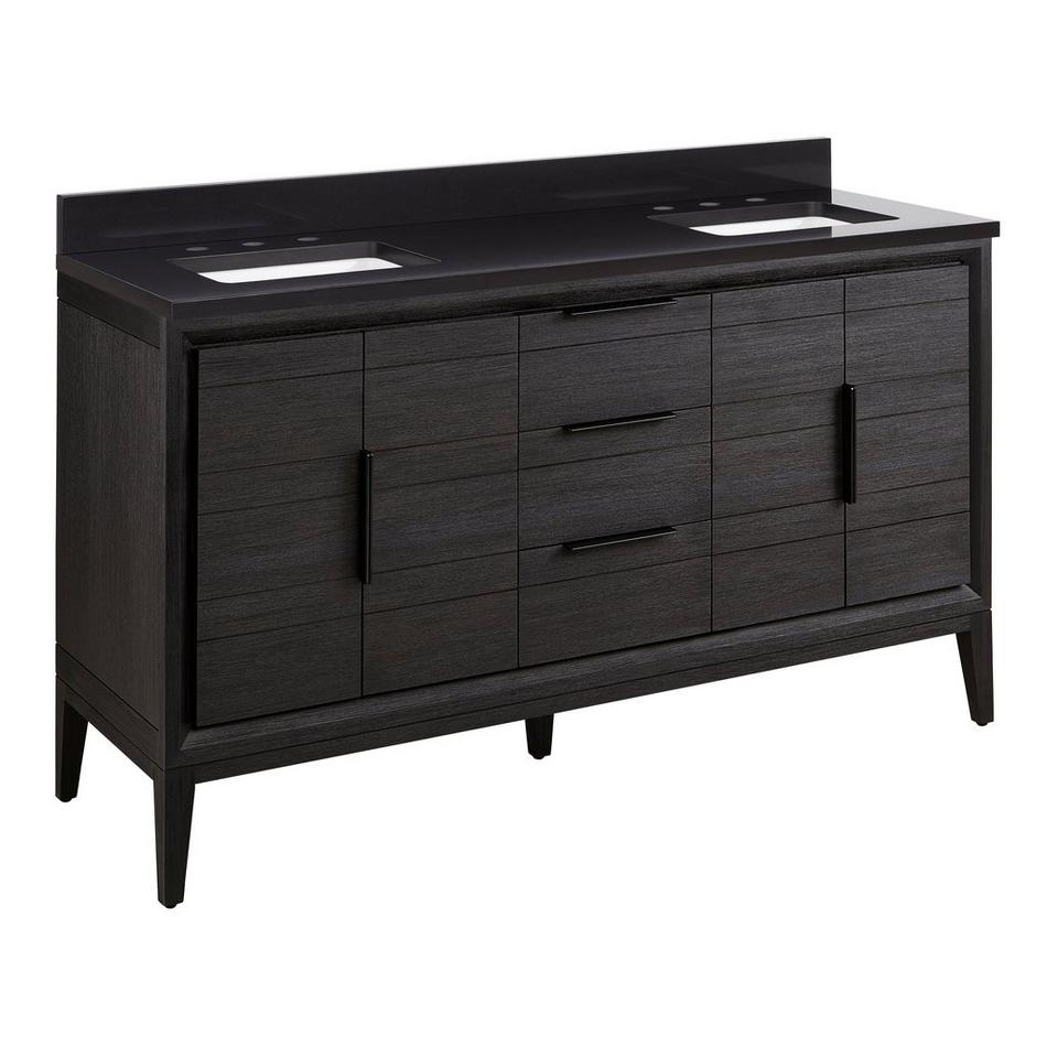 60" Aliso Teak Double Vanity with Rect Undermount Sinks - Charred Timber Black - CB Quartz - 3 Hole, , large image number 0