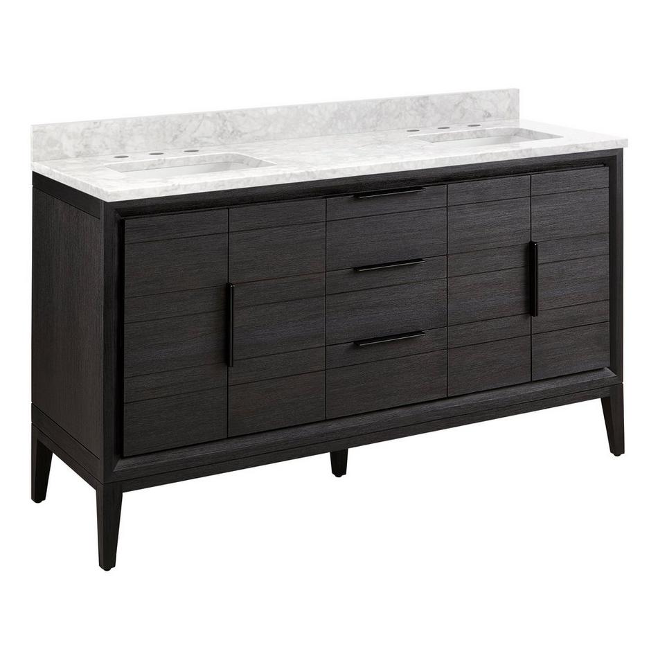 60" Aliso Teak Double Vanity with Rect Undermount Sinks - Charred Timber Black - Carrara - 3 Hole, , large image number 0