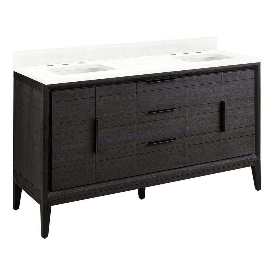 60" Aliso Teak Double Vanity with Rect Undermount Sinks - Charred Timber Black - FW Quartz - 3 Hole, , large image number 0