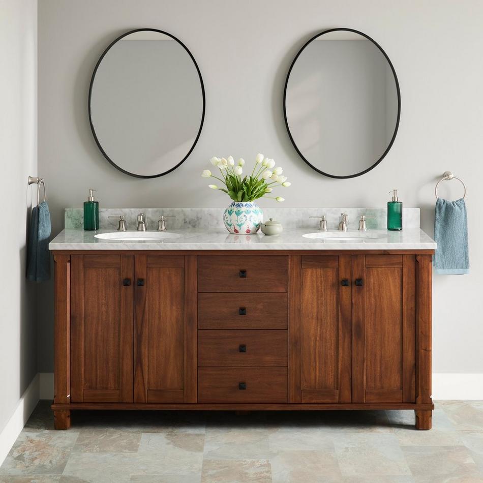 72" Theroux Double Vanity with Undermount Sinks - Outlets - Tawny Brown - Carrara - 3 Hole, , large image number 0