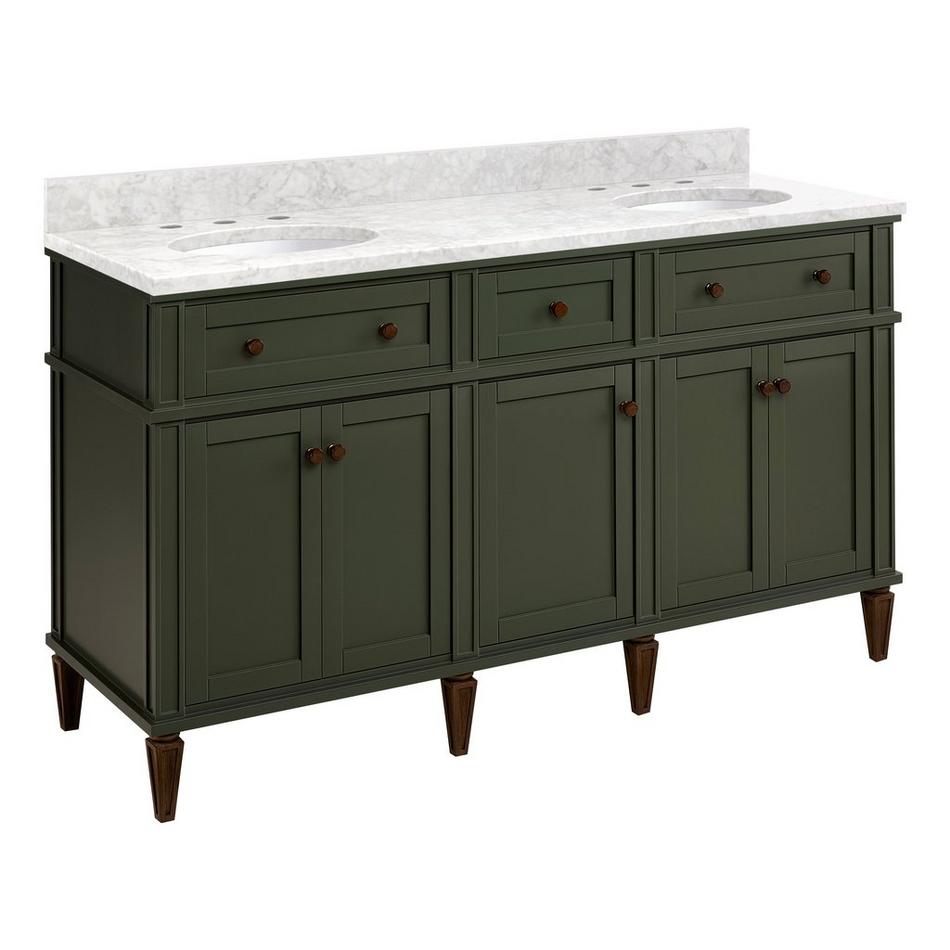 60" Elmdale Dark Olive Green Vanity with Undermount Sinks - Outlets - Carrara - 3 Hole, , large image number 0