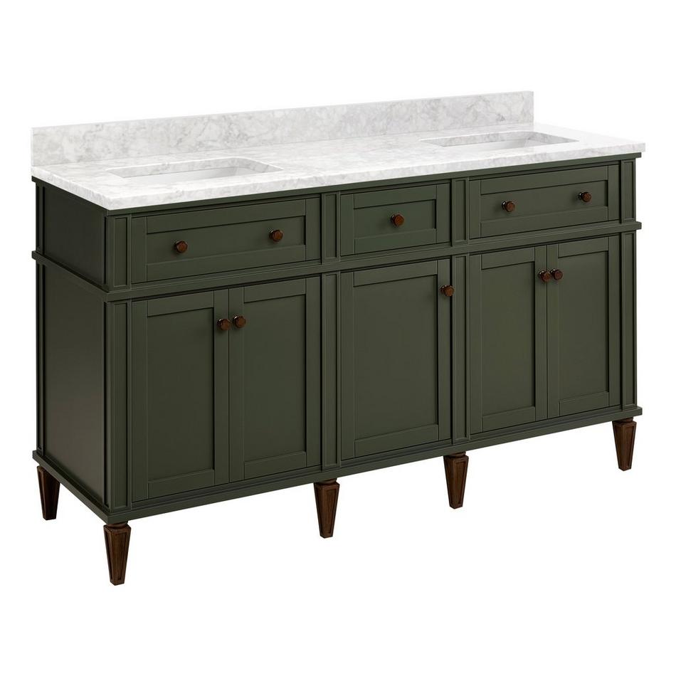 60" Elmdale Dark Olive Green Vanity with Rect. Undermount Sinks - Outlets - Carrara - No Hole, , large image number 0