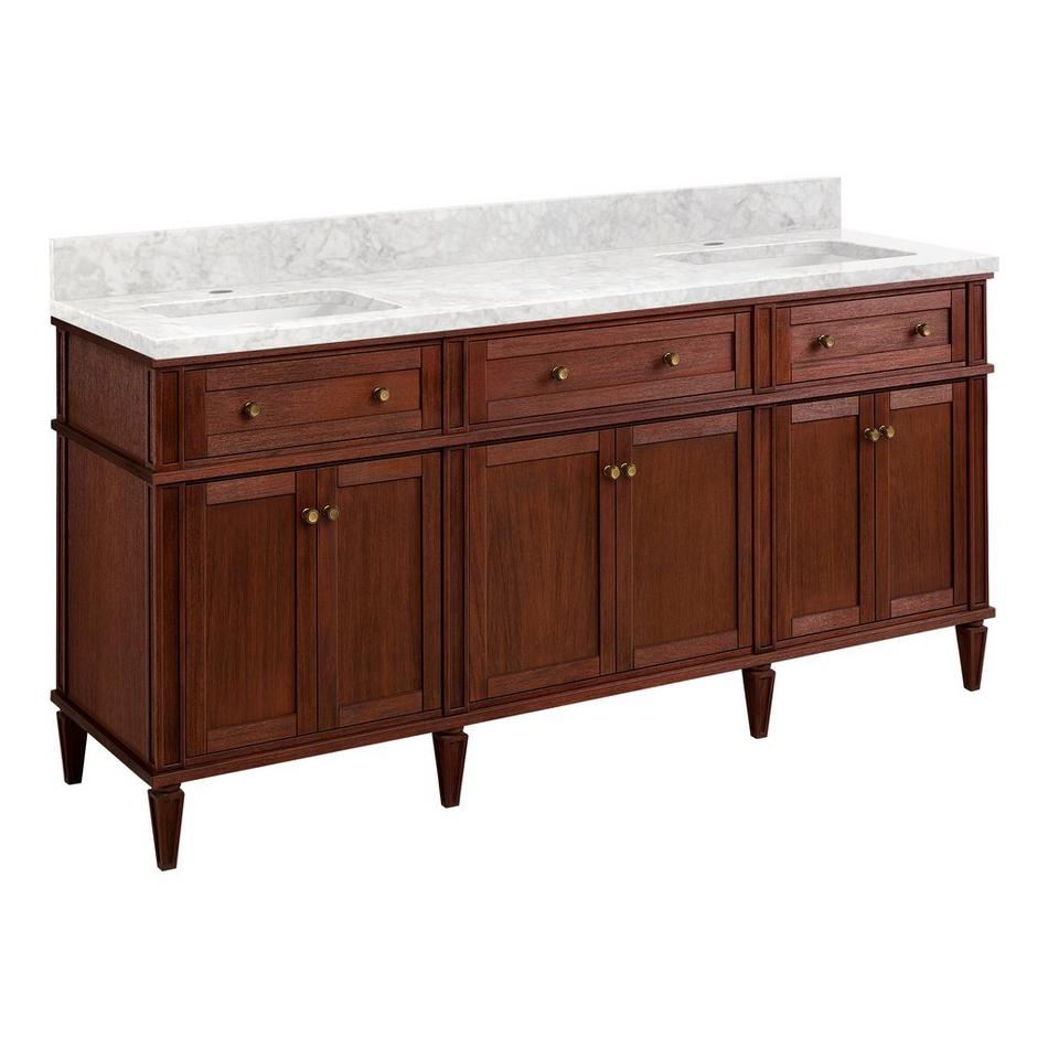72" Elmdale Antique Brown Vanity with Rect. Undermount Sinks - Outlets - Carrara - 1 Hole, , large image number 0
