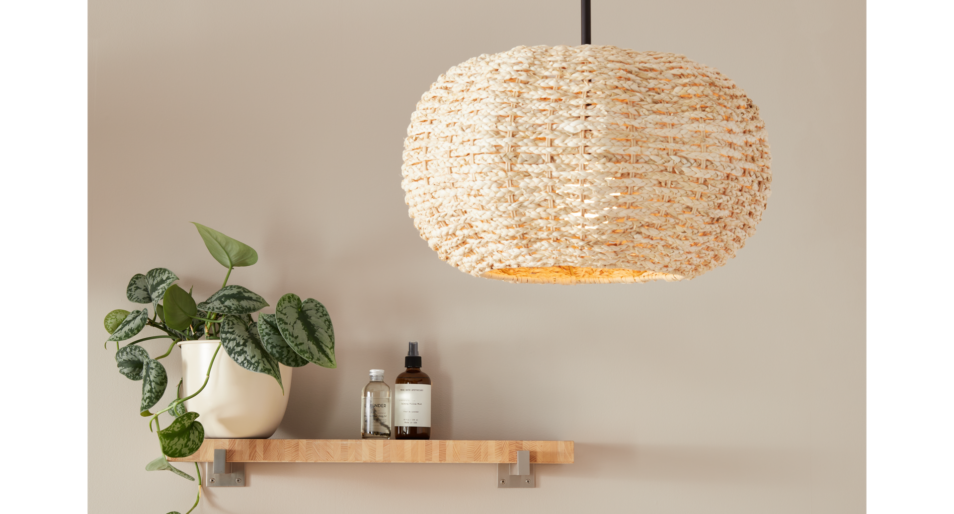 Biddeford Single Light Pendant Light in Oiled Brown, Bodwell Brass Shelf Bracket in Brushed Nickel