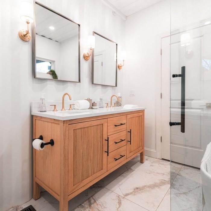 bathroom with 60" Ayanna Mindi Double Vanity, Lentz Faucets, Poplin Vanity Lights, and Lentz Toilet Paper Holder