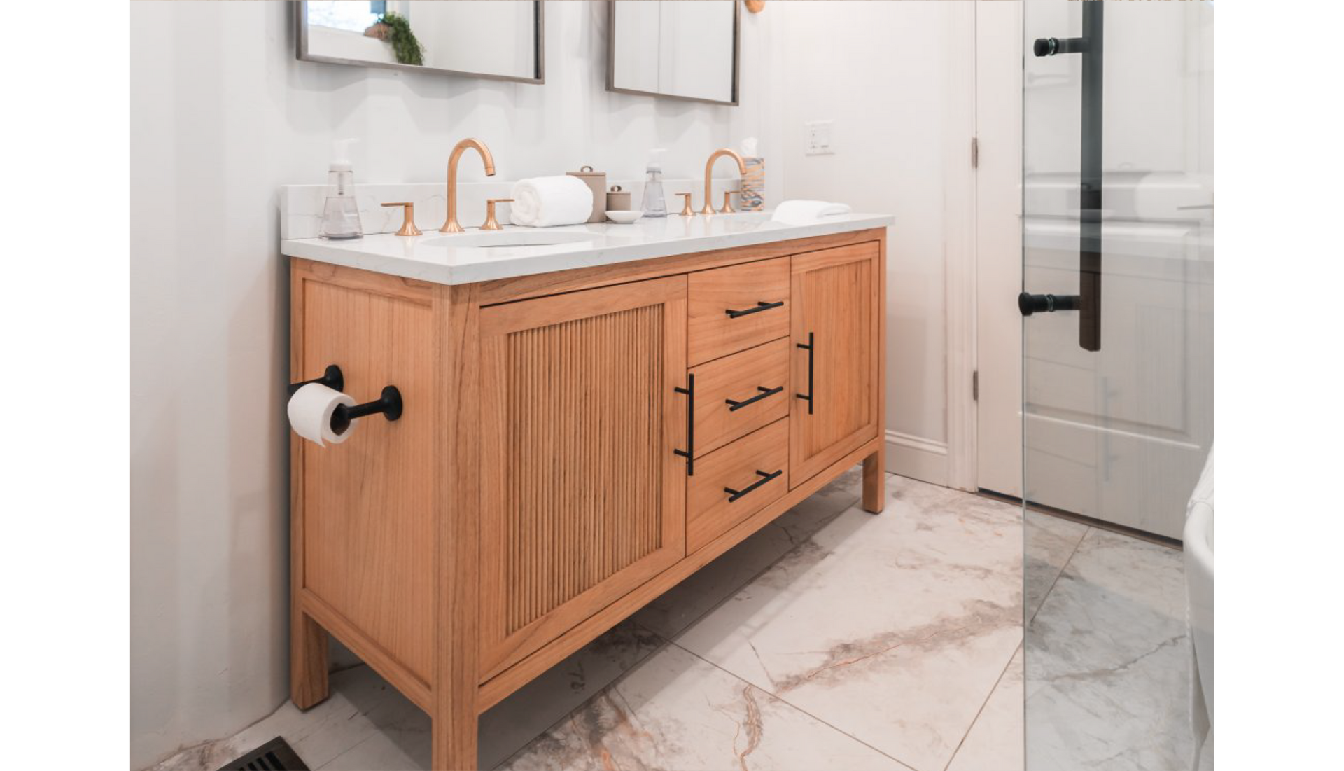 statement bathroom with 60" Ayanna Mindi Double Vanity, Lentz Faucets, Poplin Vanity Lights, and Lentz Toilet Paper Holder