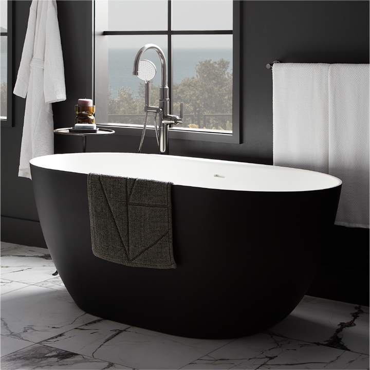 59" Catino Solid Surface Freestanding Soaking Tub with Matte White Interior & Matte Black Exterior