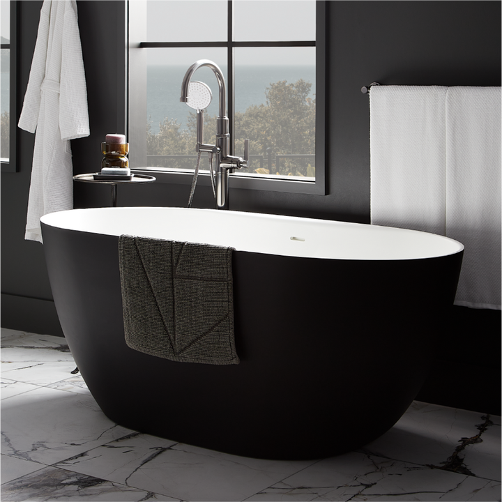 59" Catino Solid Surface Freestanding Tub in Matte Black and White for wet room bathroom designs