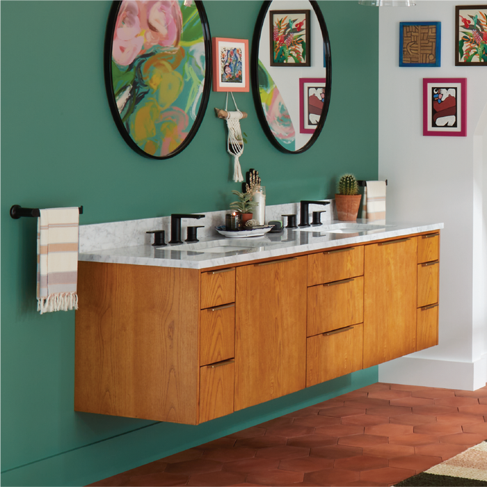 72" Dita Wall-Mount Double Vanity with Rectangular Undermount Sinks in Honey Oak